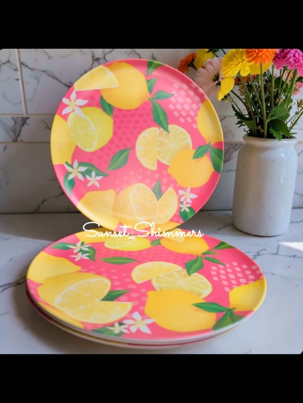4pc Pink Lemon Blossom Summer Indoor Outdoor Melamine 11" Dinner Plate Set New